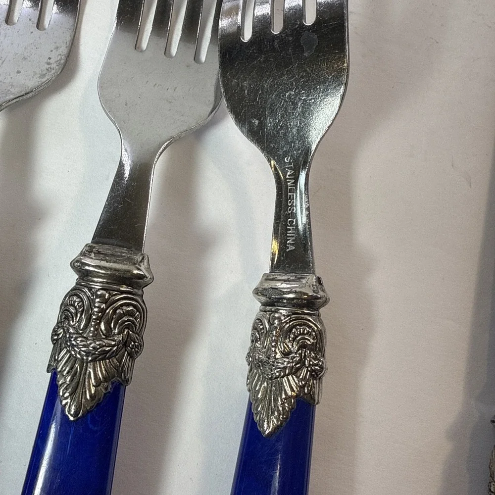 Vtg Blue Marbled Swirl Acrylic Handle Silverware Stainless Flatware Forks Spoons